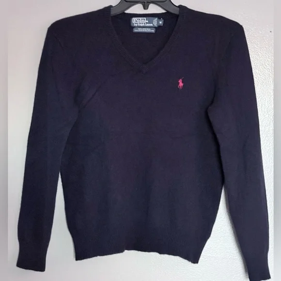 POLO - RALPH LAURENVintage Navy V-Neck Wool Sweater. Sz. M